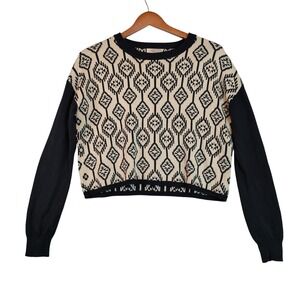 Forever 21 Contemporary Black Cream Geometric Tribal Cropped Sweater Small Aztec